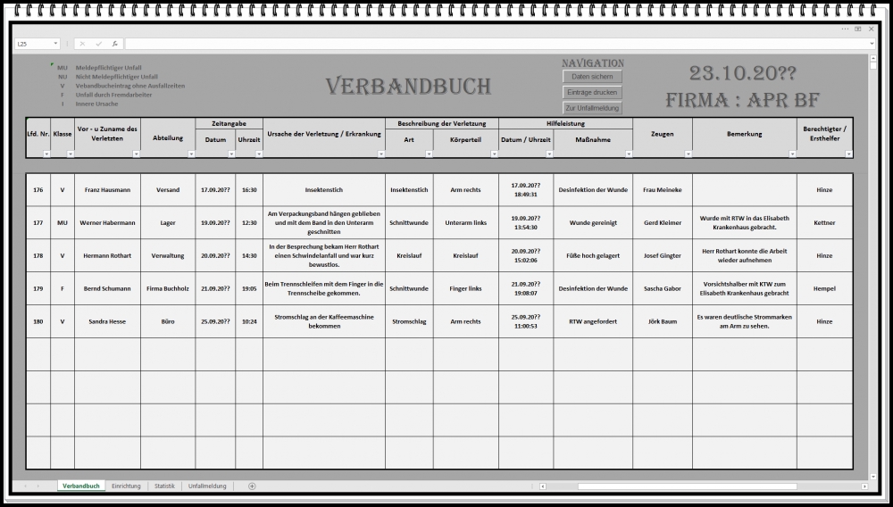 Ein Digitales elektronisches Verbandbuch, Verbandbücher, Verbandsbücher,  auf Basis von MS Excel, laut DGUV1, Berufsgenossenschaft, Erste Hilfe,  Statistiken, Statistik, Unfallbericht, für z.B. Kindergarten, Kinderheim,  Jugendheim, Schule, Tagesstätte, K