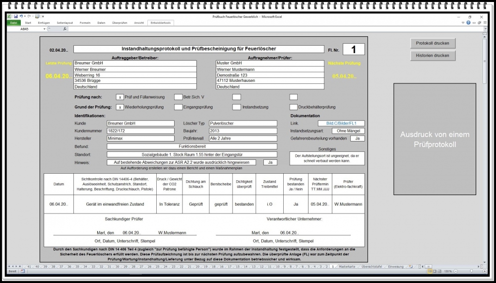 Bild 1 von Feuerlöscher Prüfbuch Excel – Software für Feuerlöscher Wartung und Brandschutz Dokumentation