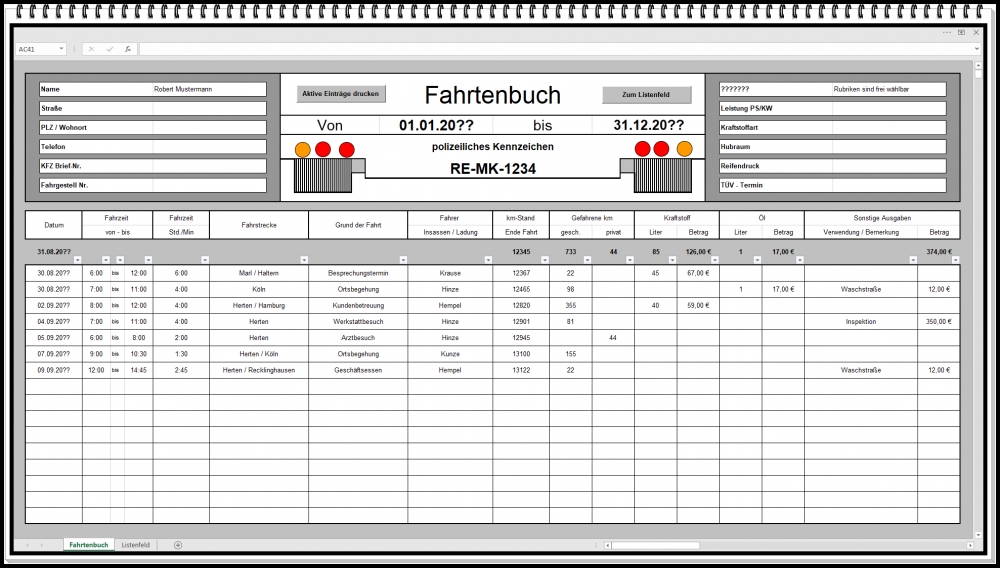 Bild 1 von Excel Fahrtenbuch digitale Vorlage einfach MPU Privat Betrieb keine Folgekosten
