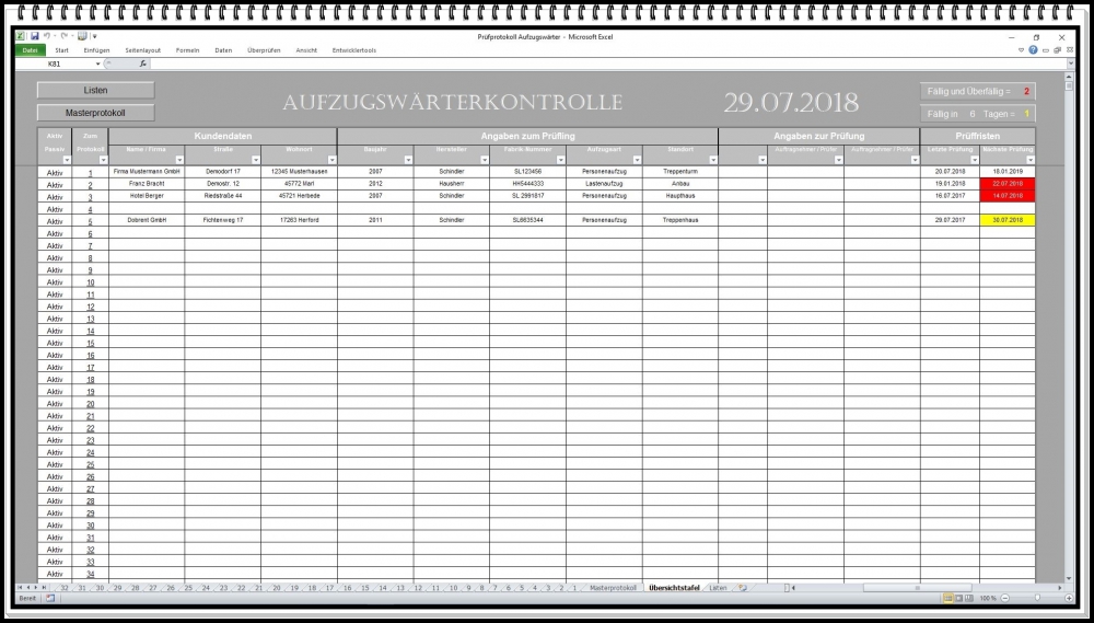 Bild 1 von Aufzugsanlagen Software – Excel Lösung für Aufzugsprüfung, Wartungsdokumentation und Prüfprotokolle