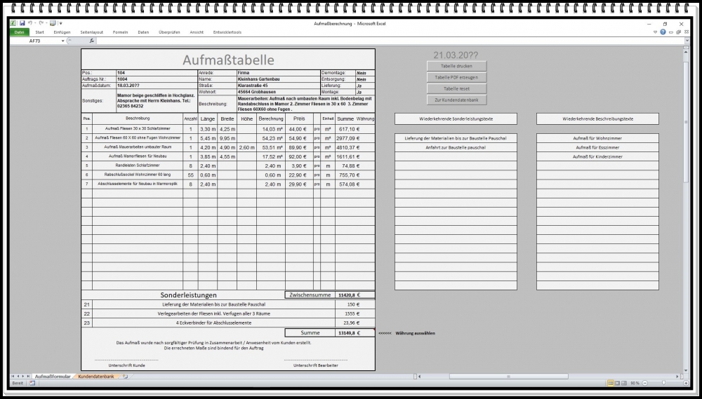 Bild 1 von Aufmaß Software digitale Tabelle Blatt Formular zur Berechnung für Wände Wohnung Böden Fliesen u.s.w
