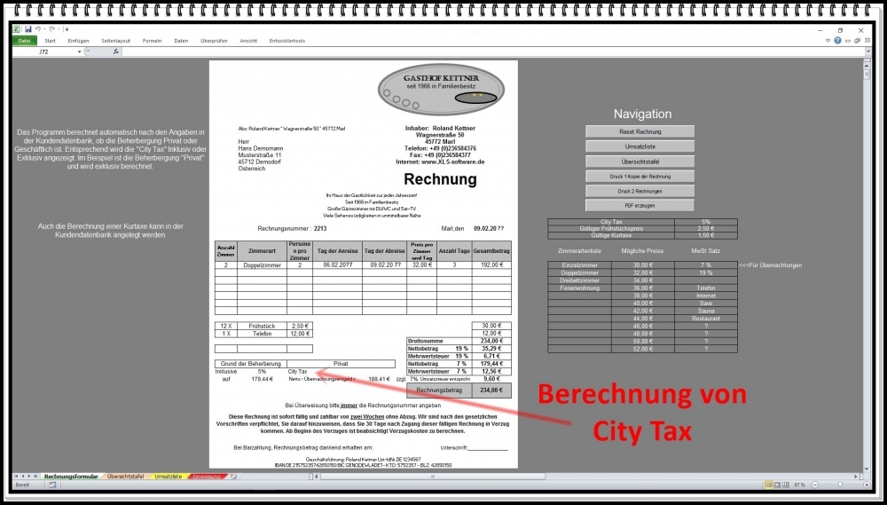 Bild 1 von Rechnungssoftware Rechnungsprogramm für Hotel Motel Pensionen mit Kurtaxe oder City Tax Bettensteuer