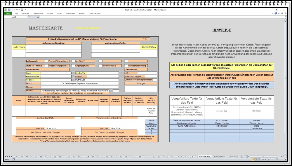 Bild 1 von Feuerlöscher Prüfbuch Excel – Software für Feuerlöscher Wartung und Brandschutz Dokumentation