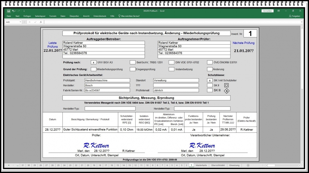 Bild 1 von Prüfbuch DGUV 3 Excel – Elektrogeräte wiederkehrende Prüfung ortsveränderlich & ortsfest