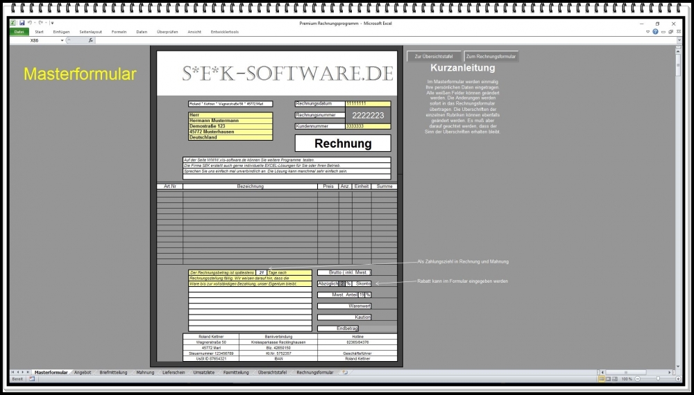 Rechnungen Kostenvoranschlag Lieferschein Mahnung Rechnungssoftware Excel APP 