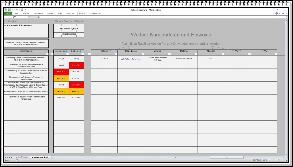 Bild 1 von Aufmaß Software digitale Tabelle Blatt Formular zur Berechnung für Wände Wohnung Böden Fliesen u.s.w