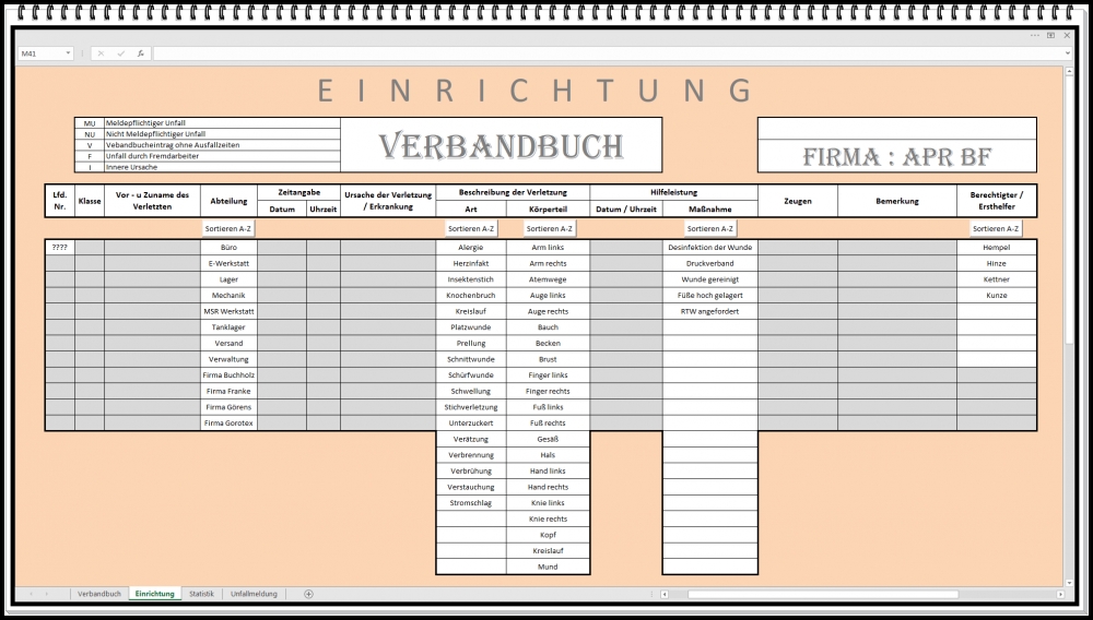 Bild 1 von Digitales Verbandbuch Sportvereine Betriebe Schule Kindergarten excel DGUV1 Statistik Unfallbericht