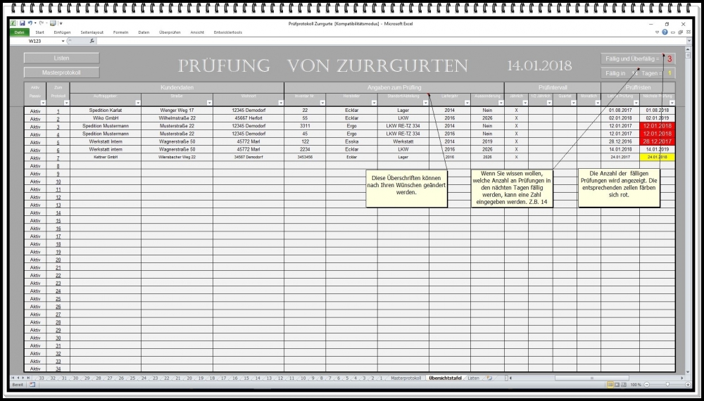 Bild 1 von Prüfbuch Anschlagmittel DGUV – Excel Prüfsoftware für Zurrgurte, Rundschlingen, Ketten und Hebebände