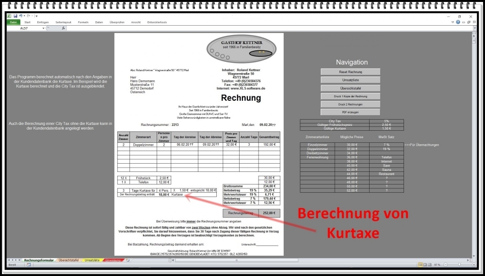 Bild 1 von Rechnungssoftware Rechnungsprogramm für Hotel Motel Pensionen mit Kurtaxe oder City Tax Bettensteuer
