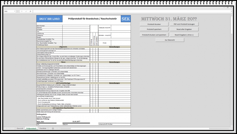 Bild 1 von Excel Prüfbuch Brandschutz – Prüfprotokoll für Brand- & Rauchschutztüren