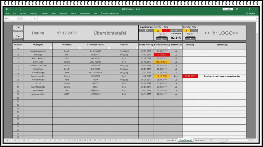 Bild 1 von Prüfbuch DGUV 3 Excel – Elektrogeräte wiederkehrende Prüfung ortsveränderlich & ortsfest