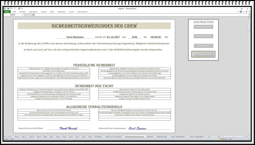 Bild 1 von Logbuch xls Yacht Charter Segelboot Motorboot Segeln Excel App für Kapitän mit Sicherheitseinweisung
