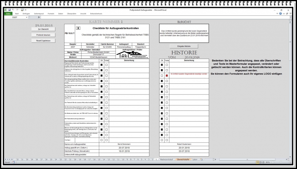 Bild 1 von Aufzugsanlagen Software – Excel Lösung für Aufzugsprüfung, Wartungsdokumentation und Prüfprotokolle