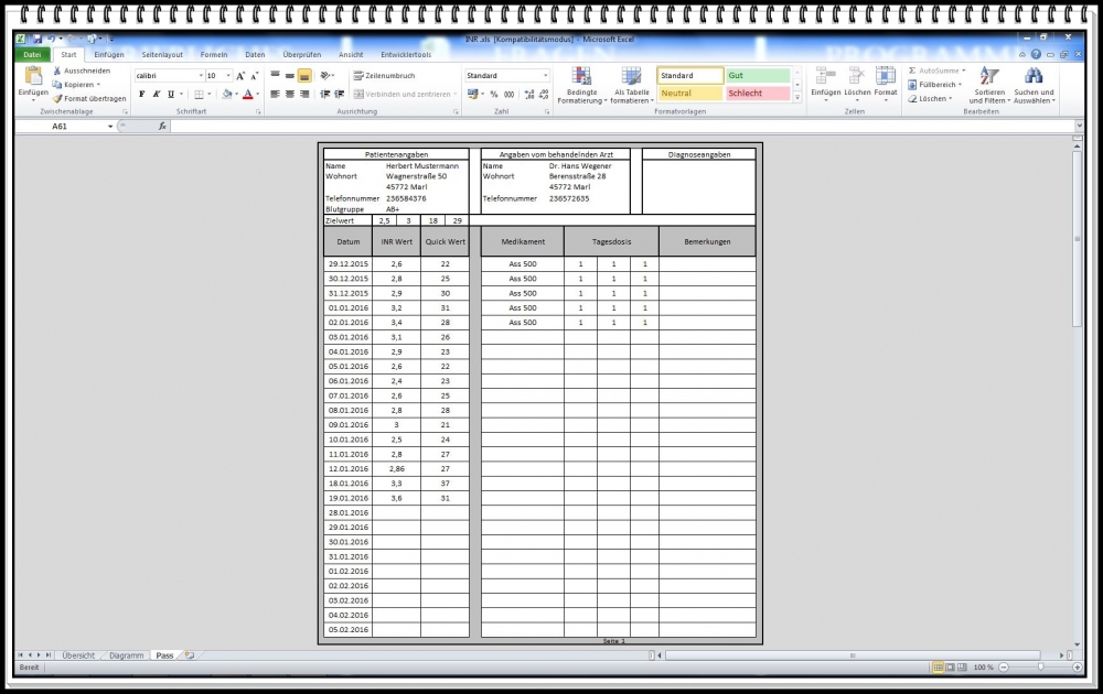 Bild 1 von Digitales INR Quick Tagebuch zur Antikoagulanzientherapie coagucheck Selbsttest Excel app download