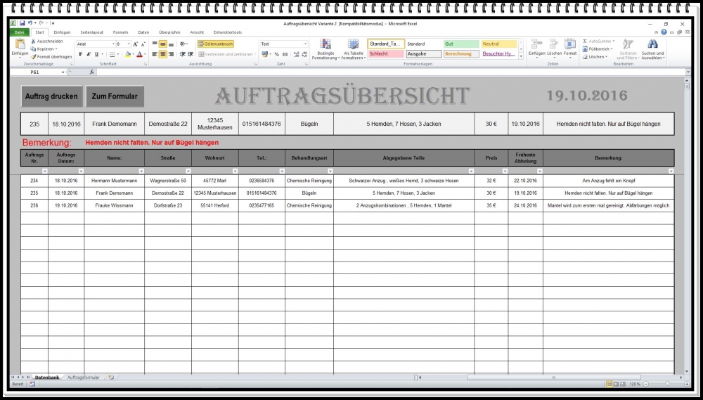 Auftragsverwaltung Oder Auftragsbuch Mit Abholschein Auftragsannahme Mit Kundenverwaltung Software Programm Fur Schneiderei Naherei Schuster Schumacher Computer Oder Handy Instandsetzung Reinigung Kfz Betriebe Uhrmacher U S W Als Ms Excel