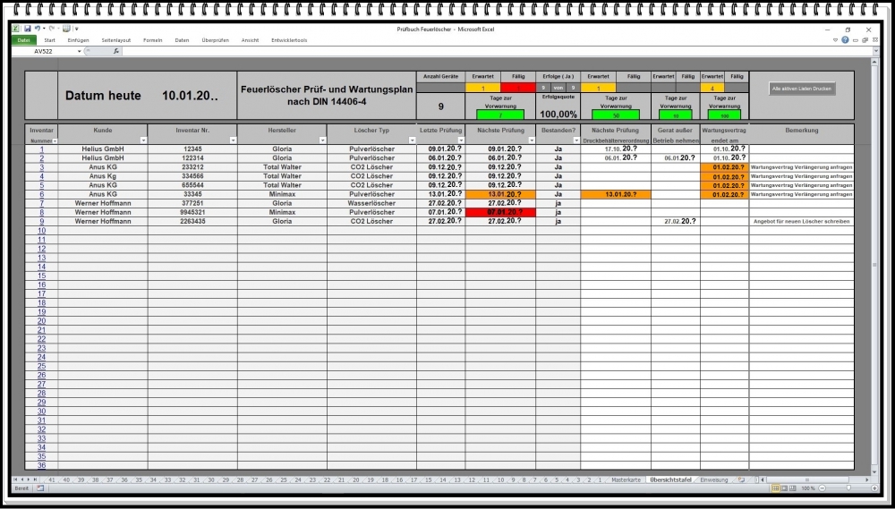 Bild 1 von Feuerlöscher Prüfbuch Excel – Software für Feuerlöscher Wartung und Brandschutz Dokumentation